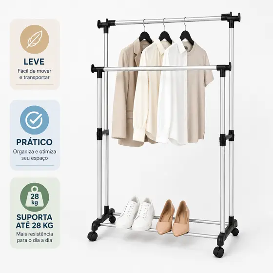 Arara Cabideiro De Chão Organizador De Roupas e Sapateira Com Rodas Rodinhas Regulável