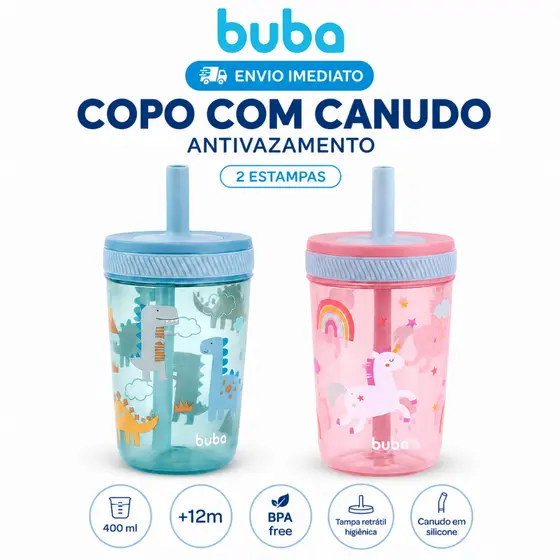 Copo Com Canudo Em Silicone Infantil Antivazamento Livre de BPA 400ml Buba 12m+