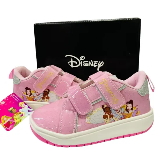 Disney Tênis Infantil Rosa Glitter Velcro Duplo Conforto Meninas Brilhante