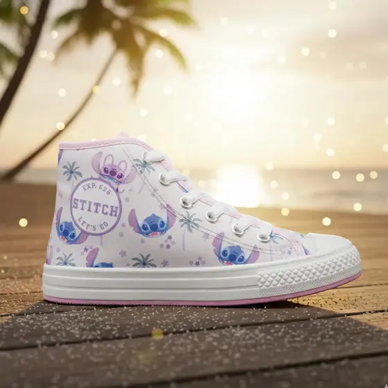 Tênis Infantil Stitch Dyan Cano Alto Cadarço Branco Rosa Lona Solado Borracha  Passeio Escola