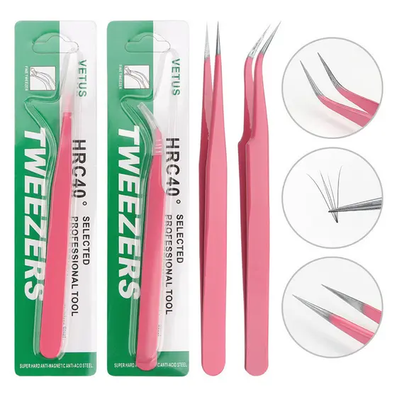 2pcs Pinça De Aço Inoxidável Reta E Curva Resistente A Ácido Cor-De-Rosa Para Extensão De Pestanas Ferramentas De Maquiagem De Beleza Profissional De Alta Precisão
