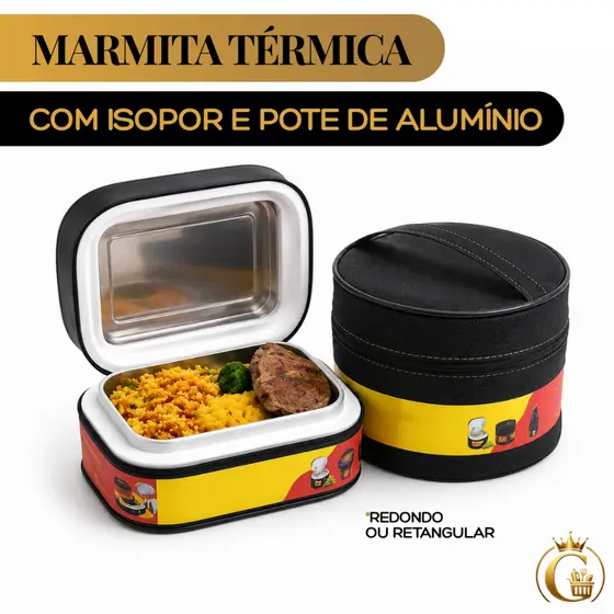 Marmita Térmica c/ Isopor e Alumínio | Redonda ou Retangular - Zíper e Alça | 600ML, 700ML ou 1.1L