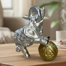 Escultura Elefante com Bola no pé Dourada em Gesso Peça Decorativa de Luxo Sala Quarto ou Escritório