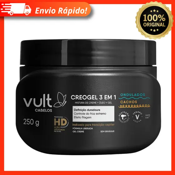 Gel Creme Ondulados Cacheados Creogel 3 Em 1 Vult 250g - Definição Duradoura, Efeito Fitagem