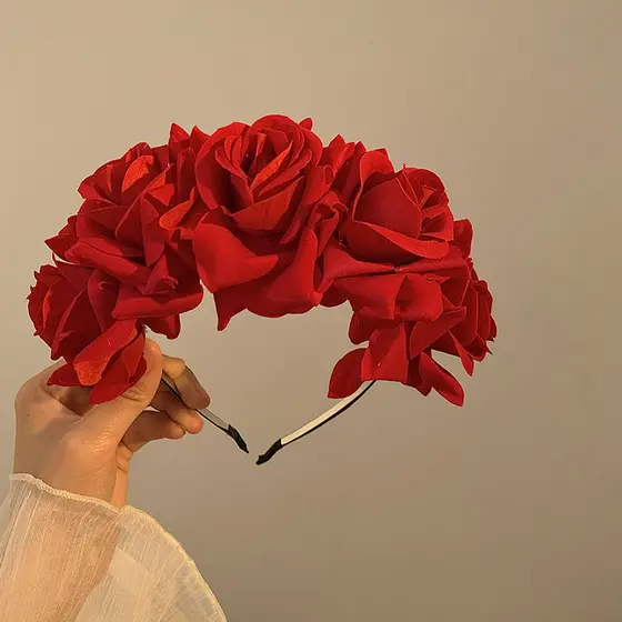 Tiara Francesa Retrô Com Flor De Rosa Vermelha Para Mulheres Franja Atmosférica De Alta Qualidade E Capacete Lateral
