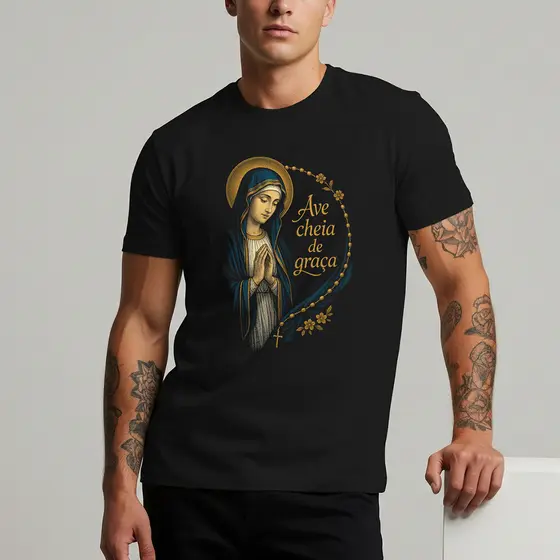 Camiseta Nossa Senhora Ave Maria Cheia de Graça Catolica 100% Algodão Casual
