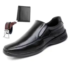 Kit 3 em 1 Sapato Masculino Couro Legítimo Conforto Social com Cinto e Carteira Casual Executivo Premium