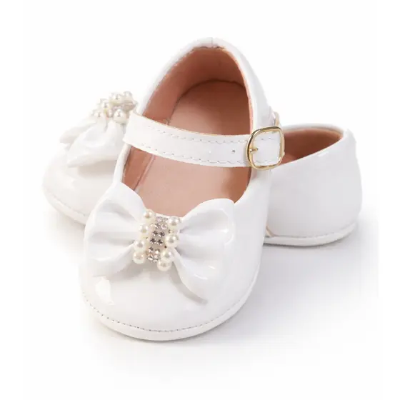Sapatilha Bebê Branco Menina Sapatinho Laço Pérolas Estilo Princesa Confortável Batizado Festa