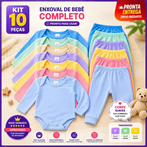 Kit Enxoval Infantil 10 Peças Body Manga Longa E Mijao De Bebê Menino E Menina