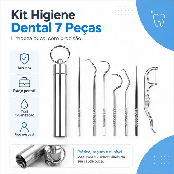 Kit 7 Pçs De Limpeza Dental em Aço Inoxidável C/ Estojo, Higiene Bucal c/ Eficácia Prático Levar na Bolsa Sorriso Bonito