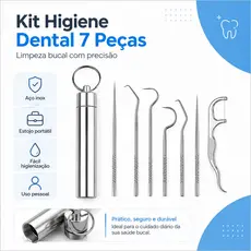 Kit 7 Pçs De Limpeza Dental em Aço Inoxidável C/ Estojo, Higiene Bucal c/ Eficácia Prático Levar na Bolsa Sorriso Bonito