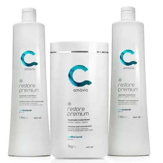 Kit Restore Premium Amavia Reconstrução Shampoo Hair Cabelo Nutrição