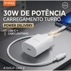 Carregador Turbo A'Gold CA31-2 30W PD USB-C com Cabo Lightning Original
