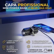 Mini Power Bank IT-Blue MAX-0543 5000mAh 4 em 1 com Suporte e Cabo Integrado Original