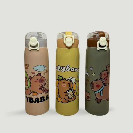 Garrafa Térmica Aço Inox Estampa Capivara Capybara Escolar Infantil com Canudo E Trava 500ml