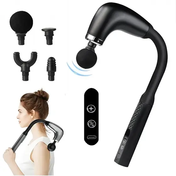 Massageador Gun Portátil Alongado Muscular 4 em 1 Com 6 Velocidades 3 Modos Para Pescoço Cintura E Ombro Ergonômico