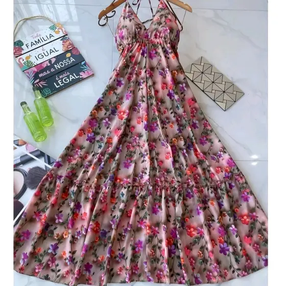VESTIDO FEMININA LONGO MULTICOLORIDO 3D LISO Y BOLINHAS POSEI BOJO ALÇA