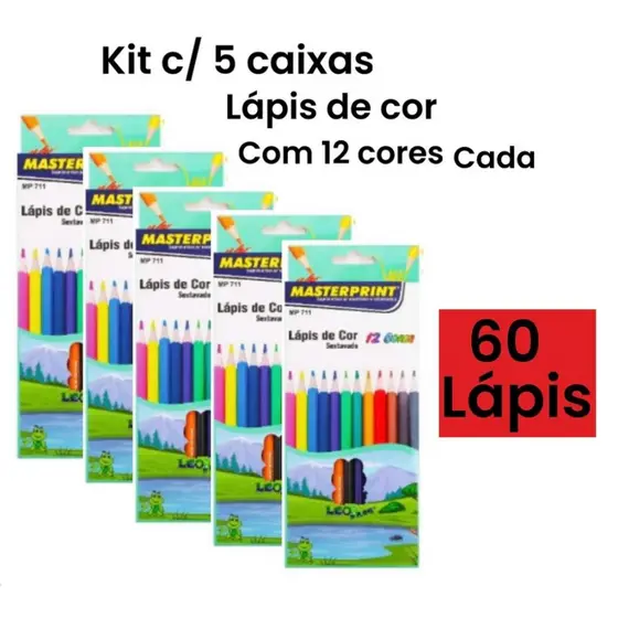 Kit 5 Caixa Lápis de Cor Sextavado 12 Cores Escolar Masterprint Total 60 Lápis