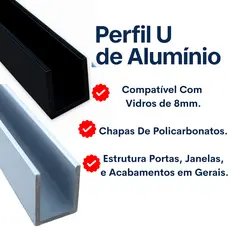 Perfil U De Alumínio Para Vidro de 8mm Madeira Reforçado Divisórias 1metro