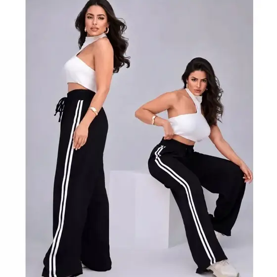Calça Pantalona Feminina Tecido Duna PREMIUM Cintura Alta Com Elastico Faixa Lateral Casual do P ao G3