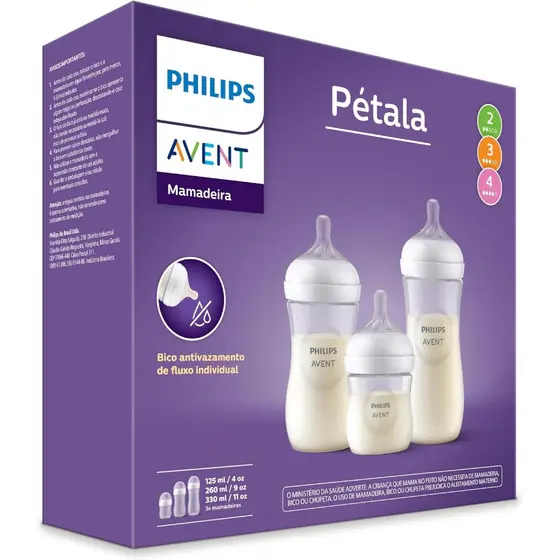 Kit 3un Mamadeira Avent Pétala 125ml-260ml-330ml