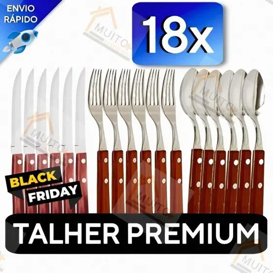 Jogo de Talheres 18/9 peças Em Cabo De Madeira de Aço Inox Facas Garfos de Mesa Colheres