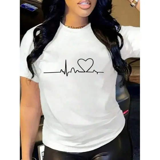Camiseta Feminina Coração Linha da Vida Camisa 100% Algodão Blusa Moda Casual Malha Premium
