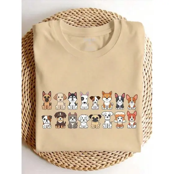 Camiseta Femininas com Logotipo de Cachorro Fofo e Gola Redonda, Camiseta para o Verão