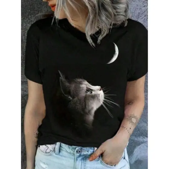 Camiseta De Gola Redonda Moda Feminina com Estampa de Gato Fofo, Camiseta Casual De Manga Curta