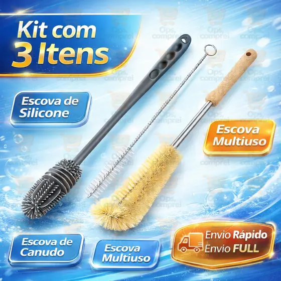 Kit 3 Escova De Limpeza Multiuso Para Lavar Mamadeira Garrafa Louça Cabo Longo Casa