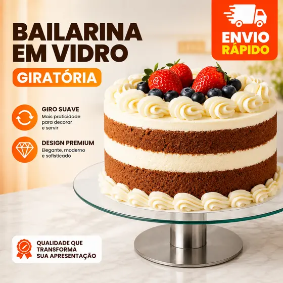 Plataforma Base Bailarina De Vidro Giratoria 30cm Boleira Confeitar Bolo