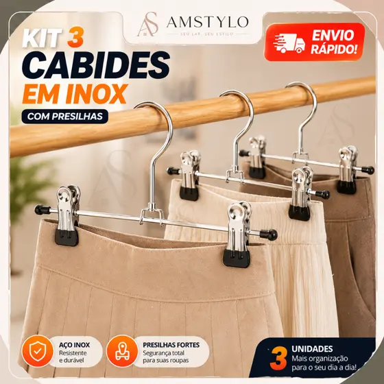 Kit 3 Cabide Cromado Com Presilhas Calcas Saia ou Bermuda Roupas Arara