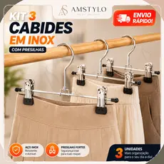 Kit 3 Cabide Cromado Com Presilhas Calcas Saia ou Bermuda Roupas Arara