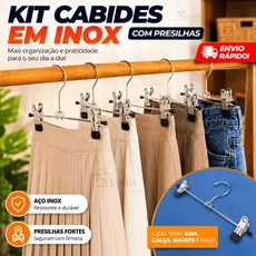 Kit Cabide Para Roupas Cromado Com Presilhas Calca Saia ou Bermuda Cabideiro Arara de Roupas