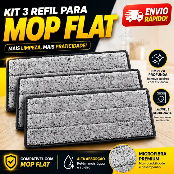 Kit 3 Refil Mop Flat Rodo Lava Seca Limpeza Microfibra Esfregão