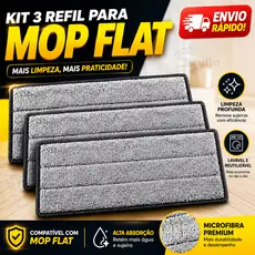Kit 3 Refil Mop Flat Rodo Lava Seca Limpeza Microfibra Esfregão
