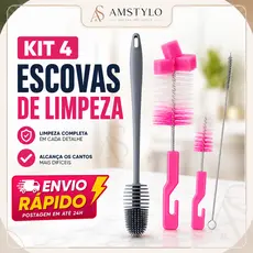 Kit Com 4 Escova para Mamadeira Bico e Garrafas Termica Copo de Vidro Limpeza