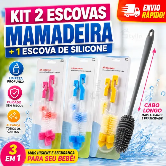 Kit 2 Escova Mamadeira e Bico + 1 Silicone Multiuso Limpeza Cozinha casa