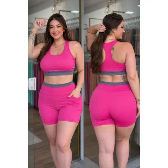 Conjunto Fitness Plus Size Feminino Short com Bolso + Top Academia Cintura Alta Rosa