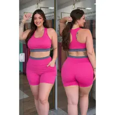 Conjunto Fitness Plus Size Feminino Short com Bolso + Top Academia Cintura Alta Rosa