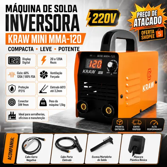 Maquina De Solda Inversora Portátil Mini Mma 220v - Usk  Painel Digital KRAW 120A