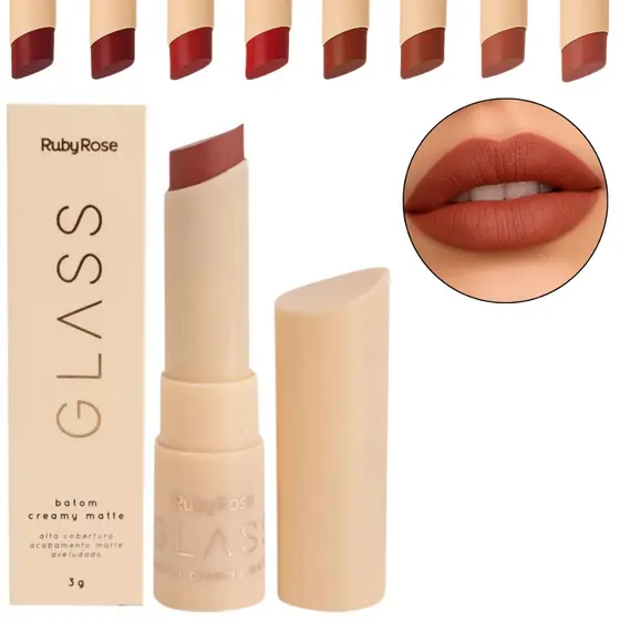 Batom Creamy Matte Glass Ruby Rose Alta Cobertura Aveludado Acabamento Matte