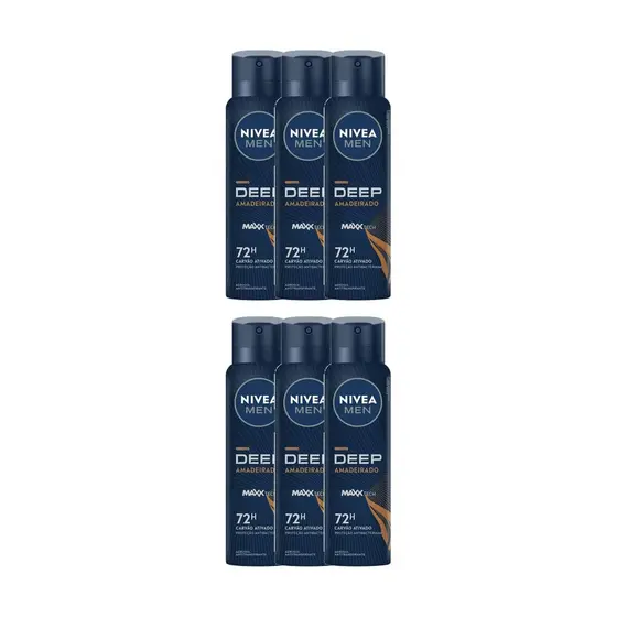 Kit 6 Desodorante Nivea Men Aerossol Deep Amadeirado MaxxTech Antitranspirante 150ml