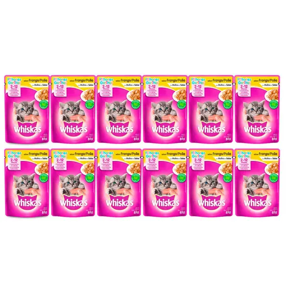 Kit 12 Ração para Gatos Whiskas Filhotes 2 a 12 Meses Sabor Frango ao Molho Sachê 85g