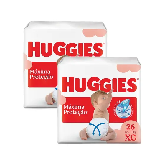 Kit 2 Fralda Huggies Máxima Proteção Tamanho XG Mega 26 Unidades Descartáveis