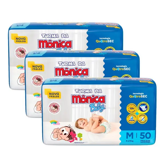 Kit 3 Fralda Infantil Turma da Mônica Baby Mega Tamanho M 50 Fraldas Descartáveis