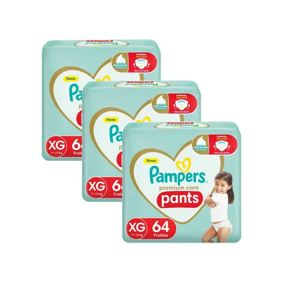 Kit 3 Fralda Pampers Pants Premium Care Tamanho XG 64 Unidades