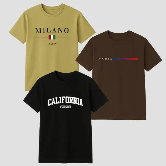 Kit 3 Camisetas Algodão Milano Paris Califórnia Várias Cores Masculino 100% Algodão