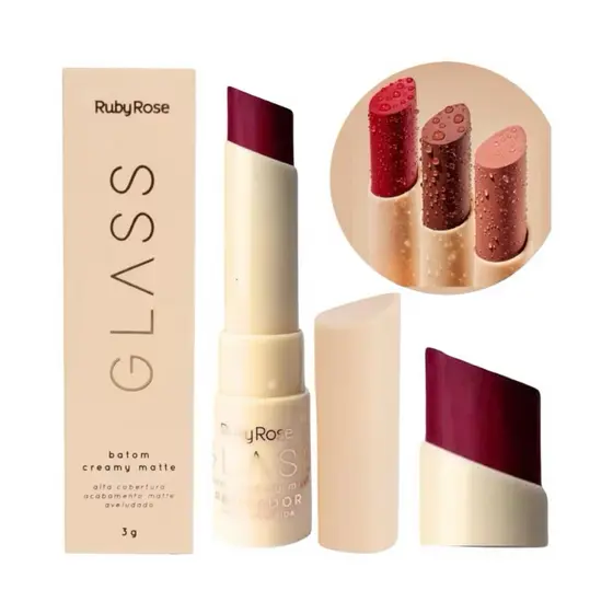 Batom Bala Bastão Creamy Matte Glass Ruby Rose Aveludado Resistente Água