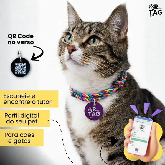 Coleira colar Pet com plaquinha e QR Code para cachorro e gato